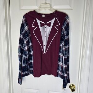 Upcycled‎ burgundy tux t-shirt with plaid flannel OS